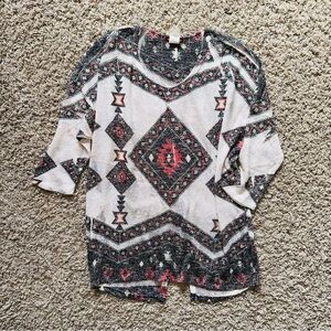Geometric Patterned Knit Split Hem Open Back Sweater Boho Bohemian Large L Indie